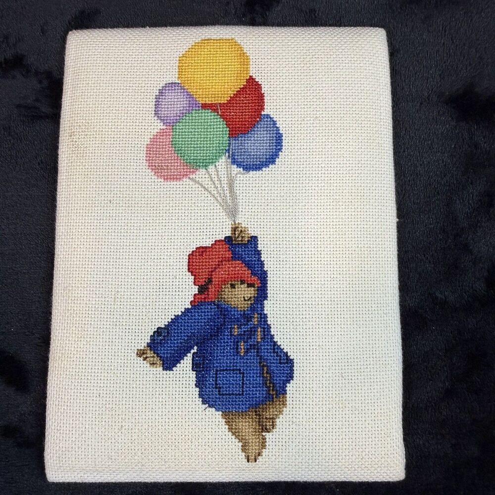 PADDINGTON BEAR WITH BALLOONS CROSS STITCH COMPLETED VINTAGE HANDMADE 4x6